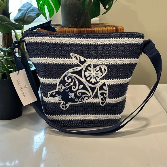 Vera Bradley Turtle Dream Straw Bucket Crossbody Steel Blue Medallion Print  NWT